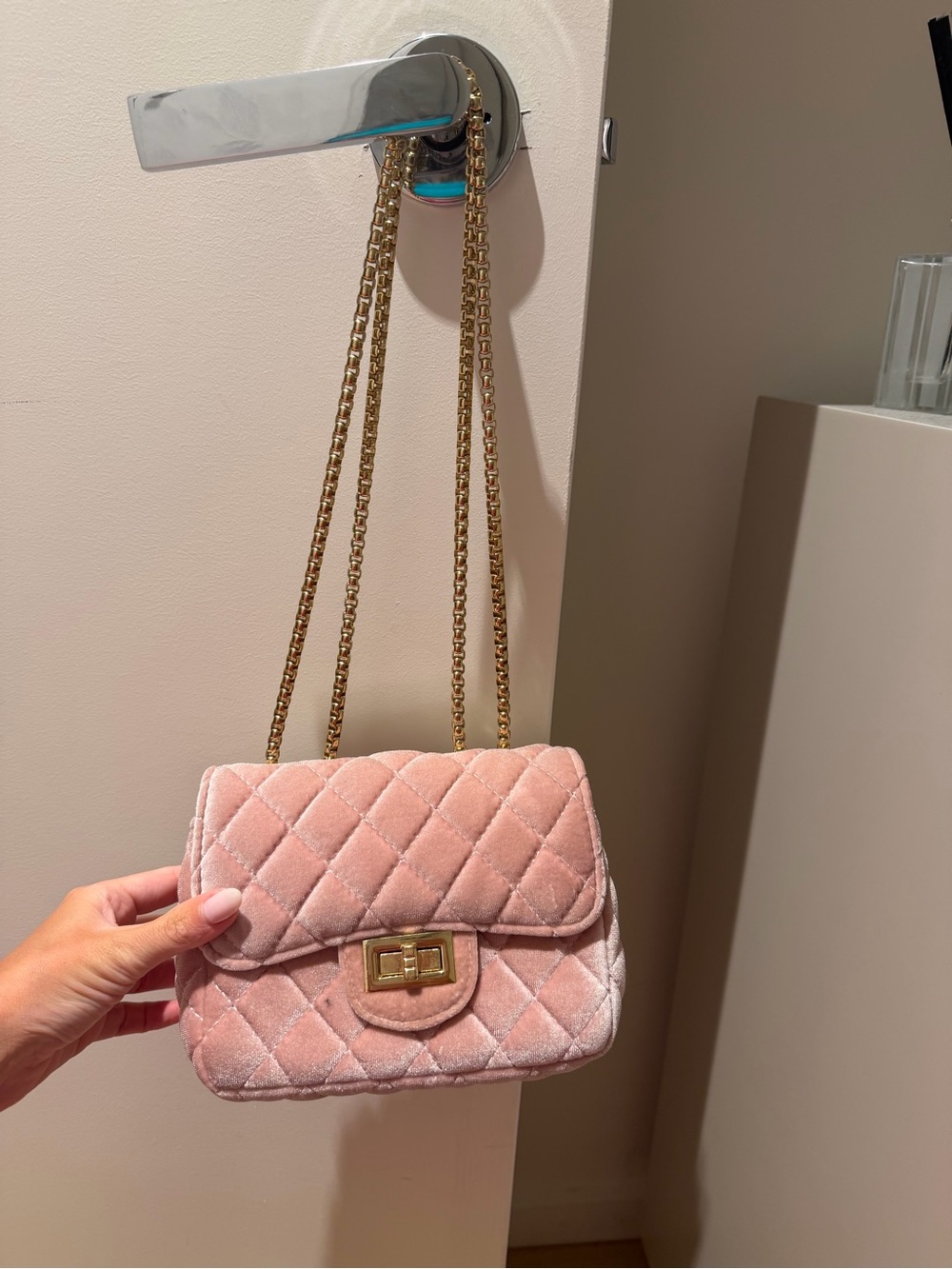 Quilted Pink Velvet Chain Shoulder Bag